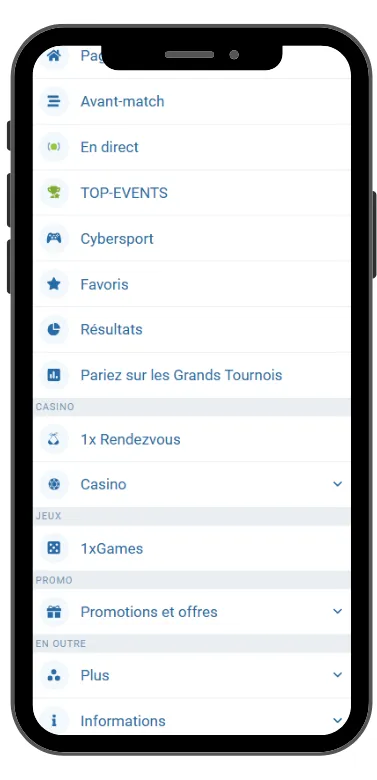 1xBet menu